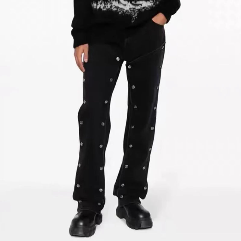 detachable button black washed baggy jeans for men straight harajuku ropa hombre loose denim trousers oversized cargo pants baggy cargo bottoms