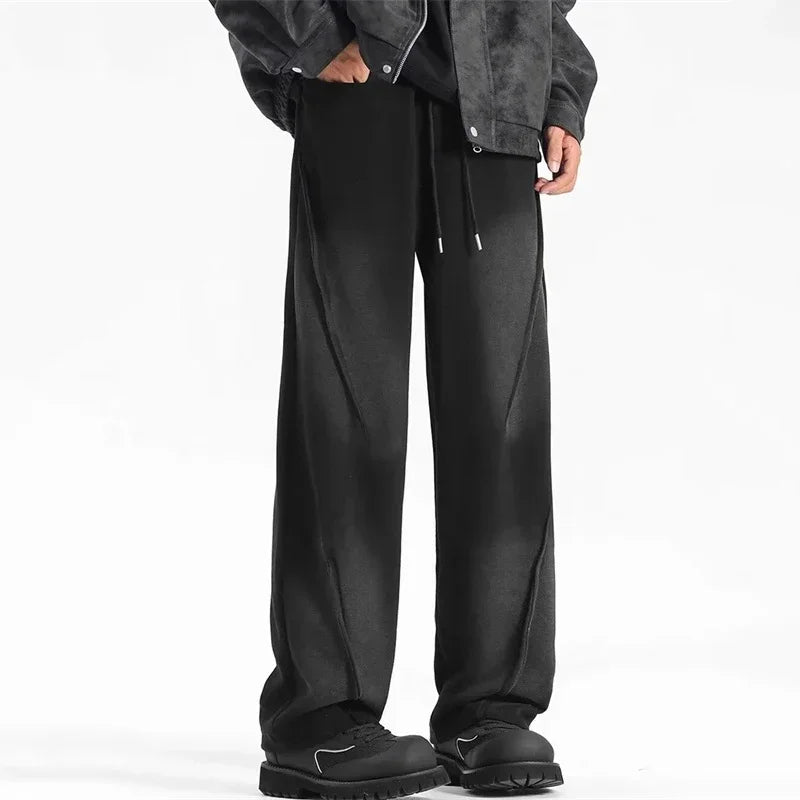 autumn mens high street pleated straight pants korean fashion elastic waist pockets trousers y2k vintage pantalones hombre relaxed fit trousers
