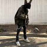 Undermycar High Street Trendy Brand High Quality Extra Large Washed and Worn Dark Checker Patch Camo Shirt