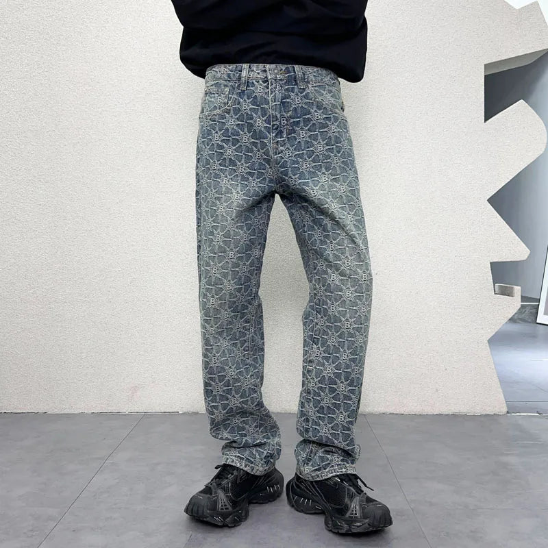 men jacquard streetwear hip hop vibe casual straight denim jeans pants boyfriend high street ripped jeans trousers unique jeans style 3125