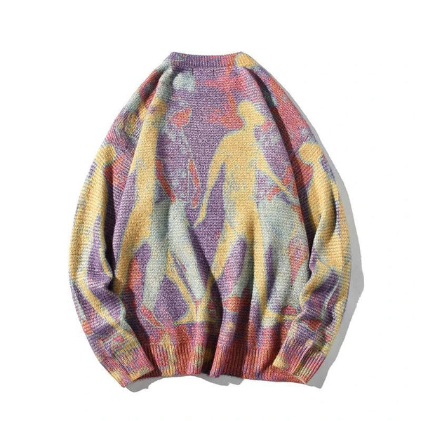 rainbowtouches men sweater high street printing graffiti purple pullover vintage round neck knitted sweater spring and autumn - urban fashion pullover, Y2K grunge street style, oversized streetwear hoodie