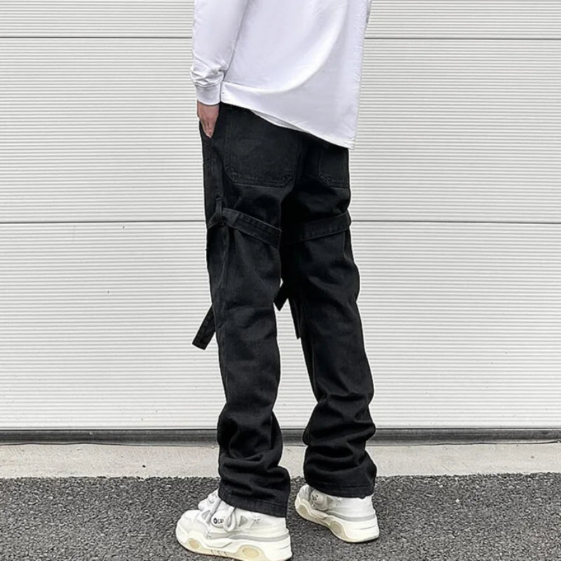 fashion knee adjust belt decoration denim jeans zipper straight jeans hip hop streetwear mens casual loose joggers jeans pants streetwear sweatpants