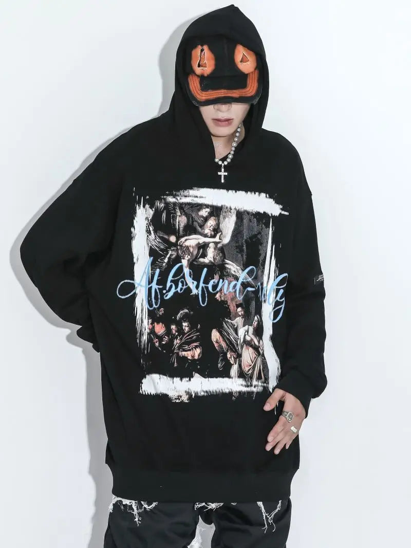 cyberpunk crying character featuring rainbowtouches hoodie men high street retro letter printing pattern hip hop harajuku women loose coat unisex superior quality