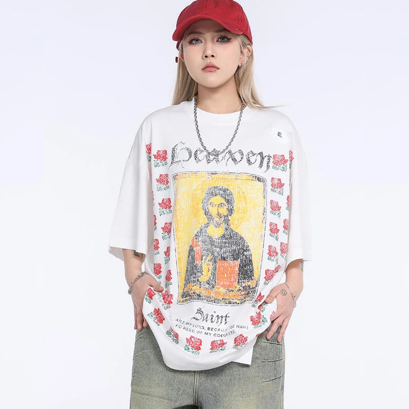 Y2K Graphic Tee – Saint T Shirts Men Woman New Rose Portrait Printing O Neck S – Urban Streetwear for Men & Women