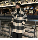 Plaid Woolen Trenchcoat Men Autumn Winter Fashion Retro Streetwear Suit Collar Loose Casual Trendy Trench Coat Outerwear