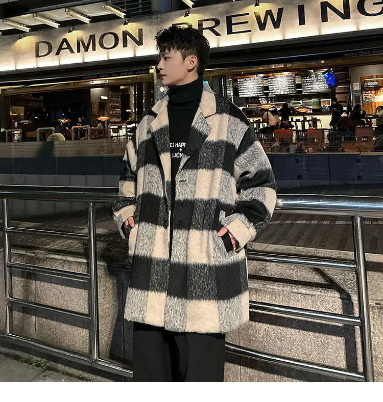 Plaid Woolen Trenchcoat Men Autumn Winter Fashion Retro Streetwear Suit Collar Loose Casual Trendy Trench Coat Outerwear