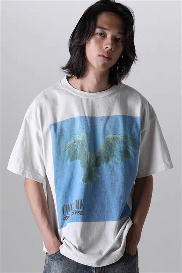 2024 Vintage Retro Print Olded Washed High-Street Cotton Tops T-Shirt For Summer