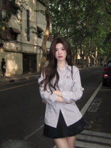 Early Autumn Stripe Tight Waist Long Sleeve Shirts Women 2024 Autumn N
