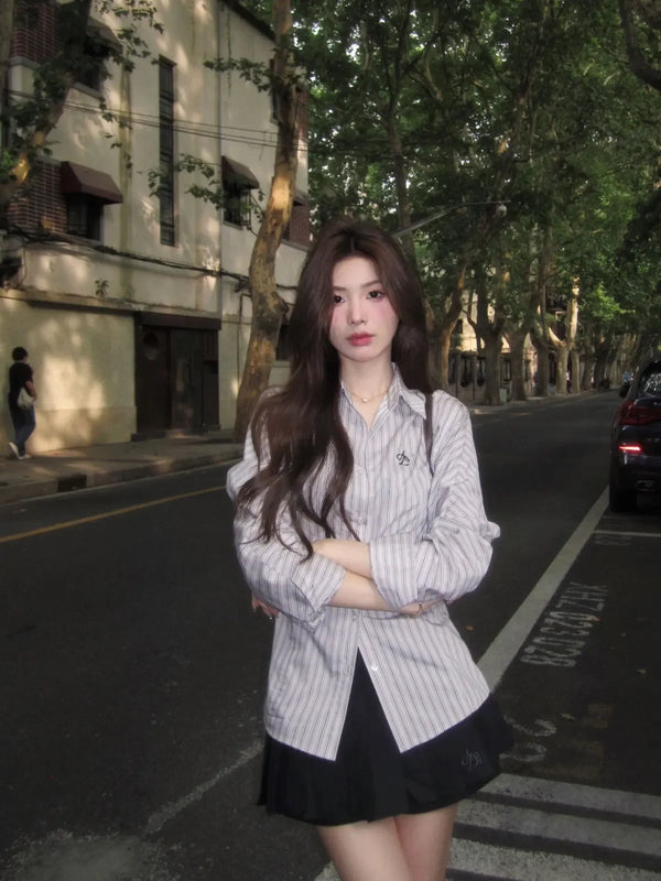 Early Autumn Stripe Tight Waist Long Sleeve Shirts Women 2024 Autumn N