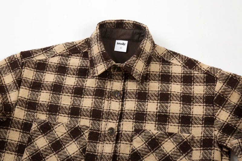Side Split Irregualr Hem Color Match Plaid Long leeve Shirts Men's Autumn Pockets Streetwear Oversized Checkered Top Tees