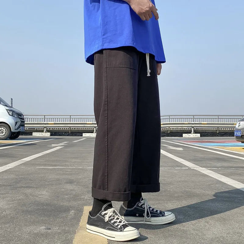100 cotton pants men fashion khaki black casual pants men japanese streetwear loose straight wide leg pants mens trousers m 2xl minimalist street pants