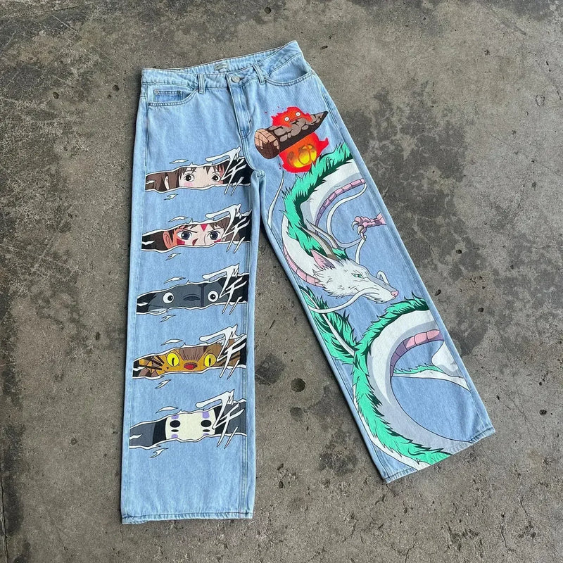 harajuku y2k baggy jeans the winged dragon of ra print wide leg denim pants popular anime jeans streetwear trouser men clothing unique jeans style 5749
