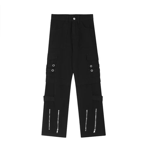 hip hip pants men bottom zipper cargo pants streetwear side pockets harajuku joggers unisex baggy loose straight cotton trousers unique joggers style 3222