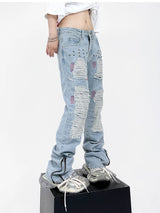 destroy ripped holes patchwork denim jeans men unisex casual rivet bottom zipper trousers jeans streetwear hip hop pants joggers unique joggers style 3642