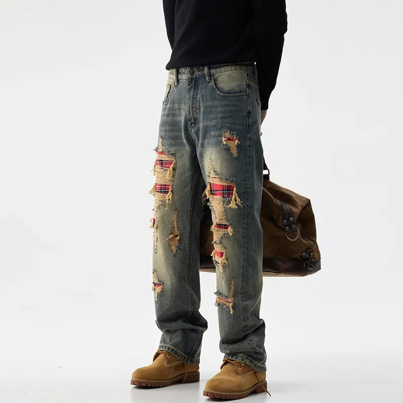 men broken hole patch loose casual plus size straight ripped denim pants jeans man streetwear fashion baggy jeans trousers denim street jeans