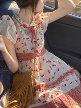 Summer Red Lolita Kawaii Dress Women Bow Sweet Princess Party Mini Dress Female Patchwork Korean Fashion Cherry Cute Dress 2023