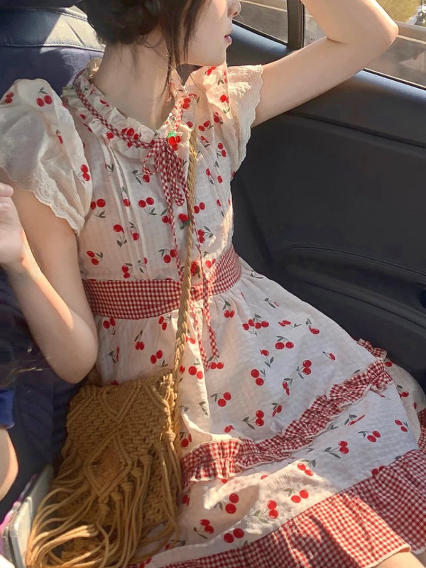 Summer Red Lolita Kawaii Dress Women Bow Sweet Princess Party Mini Dress Female Patchwork Korean Fashion Cherry Cute Dress 2023