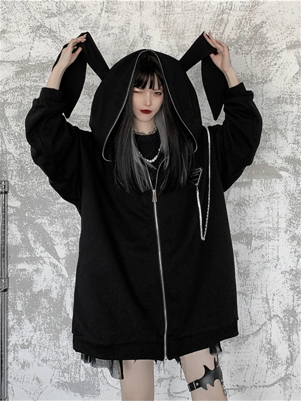 Autumn Winter Emo Bunny Hoodie Women Zip Up Kawaii Sweatshirt Rabbit E