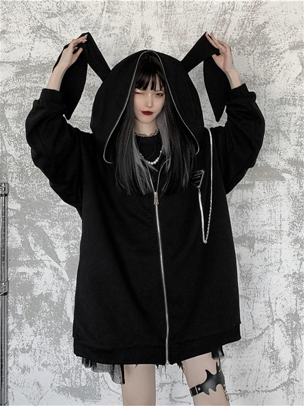 Autumn Winter Emo Bunny Hoodie Women Zip Up Kawaii Sweatshirt Rabbit E