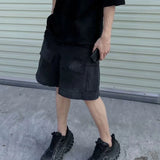 vintage ripped damaged black cargo shorts for men high street wide leg baggy overalls distressed summer knee length pants unique cargo style 136