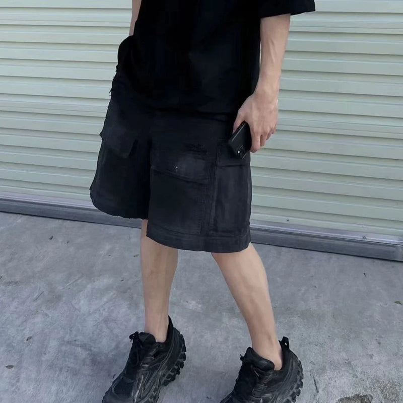 vintage ripped damaged black cargo shorts for men high street wide leg baggy overalls distressed summer knee length pants unique cargo style 136