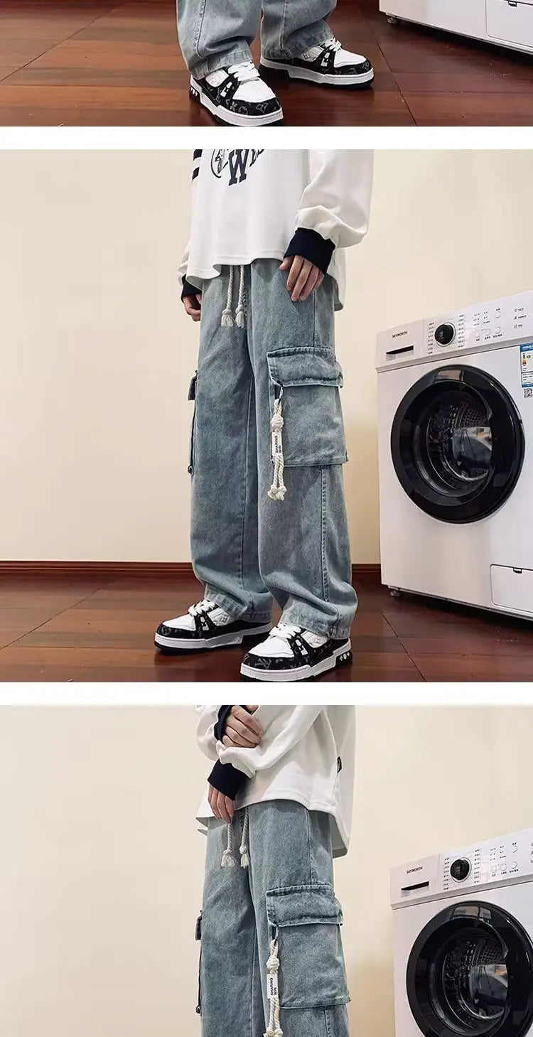 american retro and personalized straight leg jeans for men and women with hiphop big pocket design work pants loose casual pants unique jeans style 762