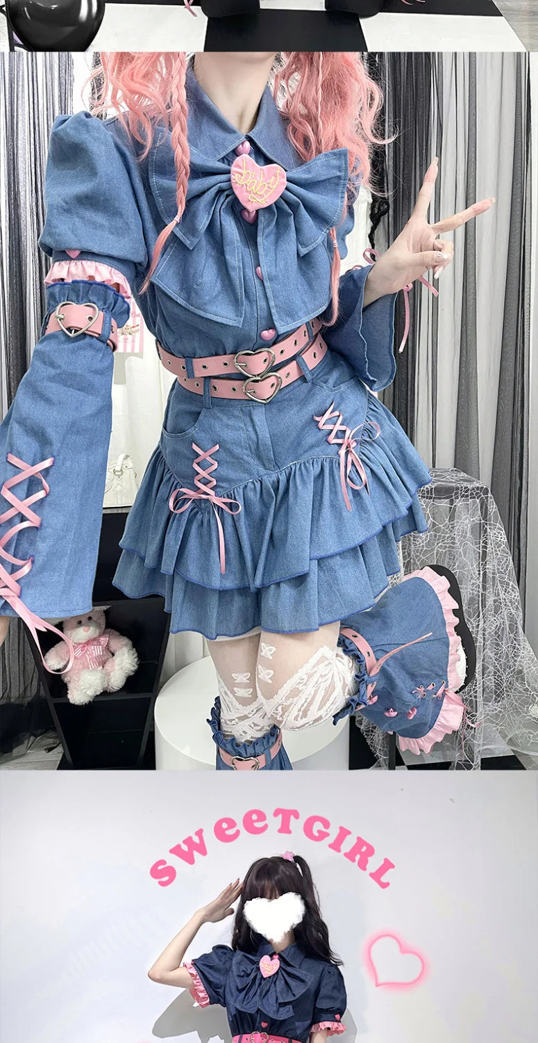 Y2K Set Sweetheart Spicy Girl dress skirt sets Women's 2023 Summer Bubble Sleeve Bowtie Campus Style 2 piece sets womens outfits