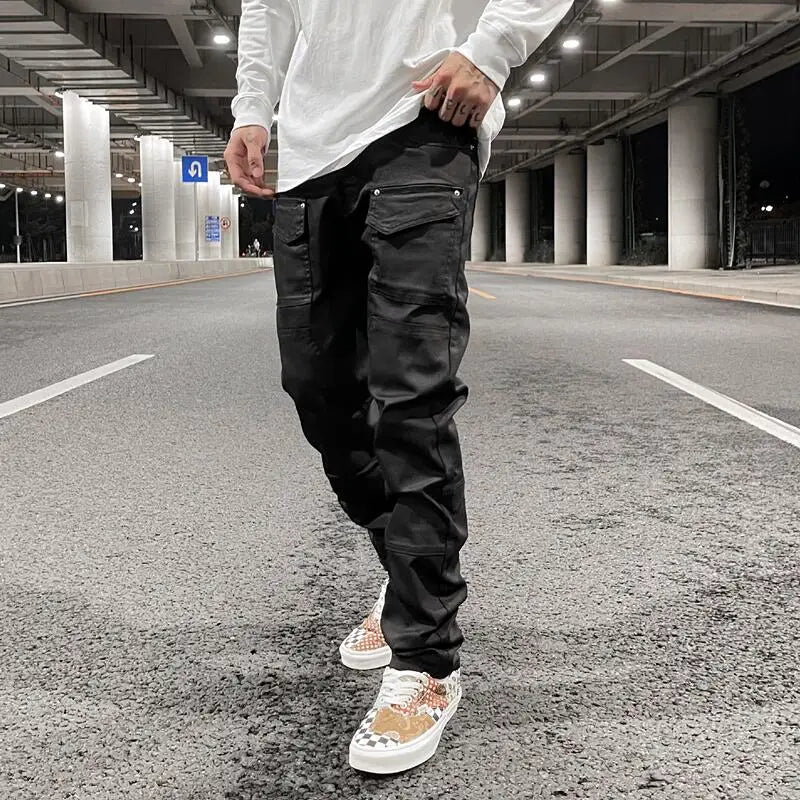 streetwear kanye slim fit feet coated black jeans pants for men pocket brushed wax tapered pants man casual cargo jeans y2k unique cargo style 4552