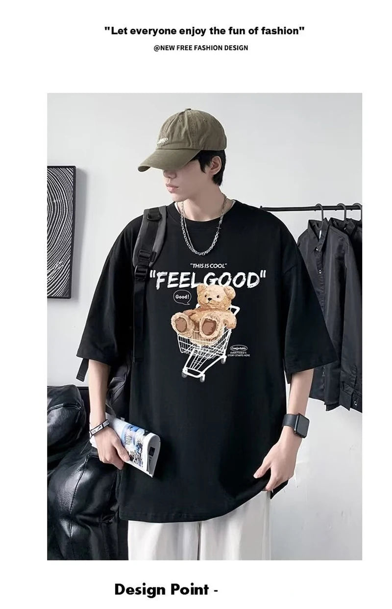 Anime Graphic tee – Funny Feel Good Bear Print Tops Man Casual Oversize T Shirt
