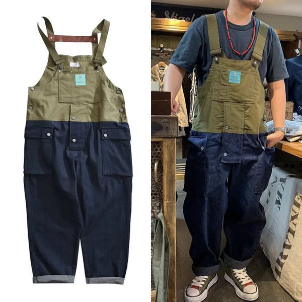 2023 summer cargo overalls pants men patchwork denim jumpsuits loose work pants solid color casual streetwear cargo trousers baggy cargo bottoms