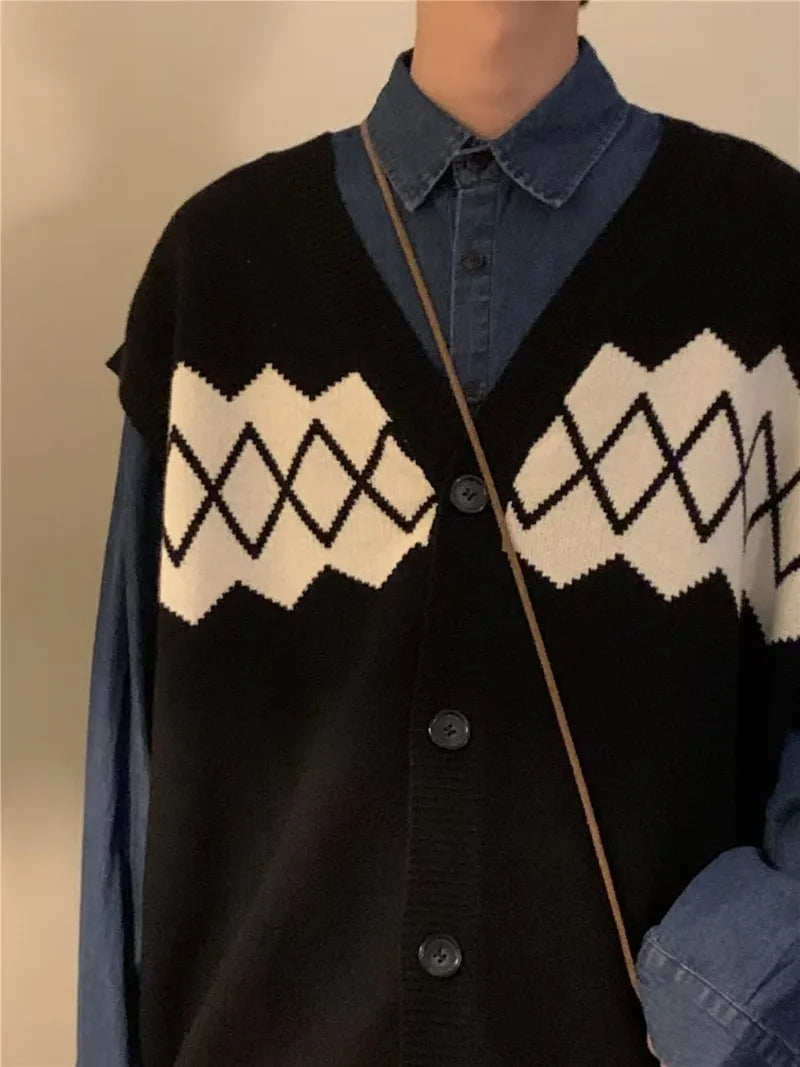 autumn japanese 3 piece set men women college knitted vest jogging pant long sleeve shirts vintage wide leg baggy casual suits unique default style 4941