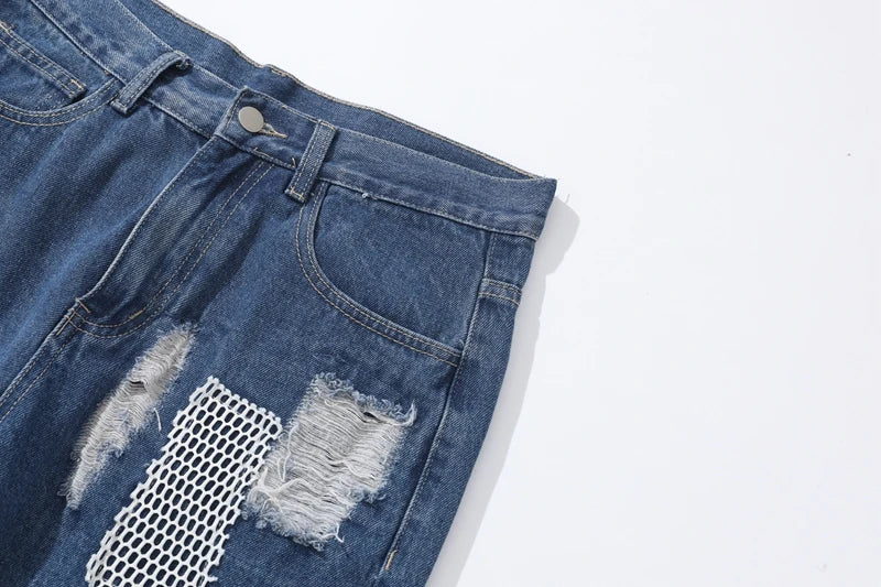 distressed skinny flared micro flare jean for mens mesh big destroyed ripped denim jeans hip hop biker jeans pants male unique jeans style 1336