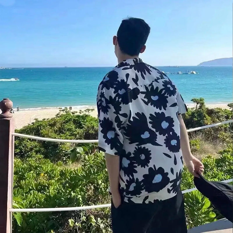 Summer 24SS Vintage Retro Black Flower Direct Print High-Street Casual Beach Style Quality Cold Short Sleeve Shirt