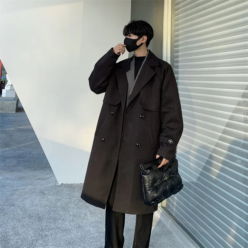 Men's Autumn Winter Mid Length Woolen Coat New Korean Tide Black Thickned Overcoat Long Sleeve Double-breasted Jackets