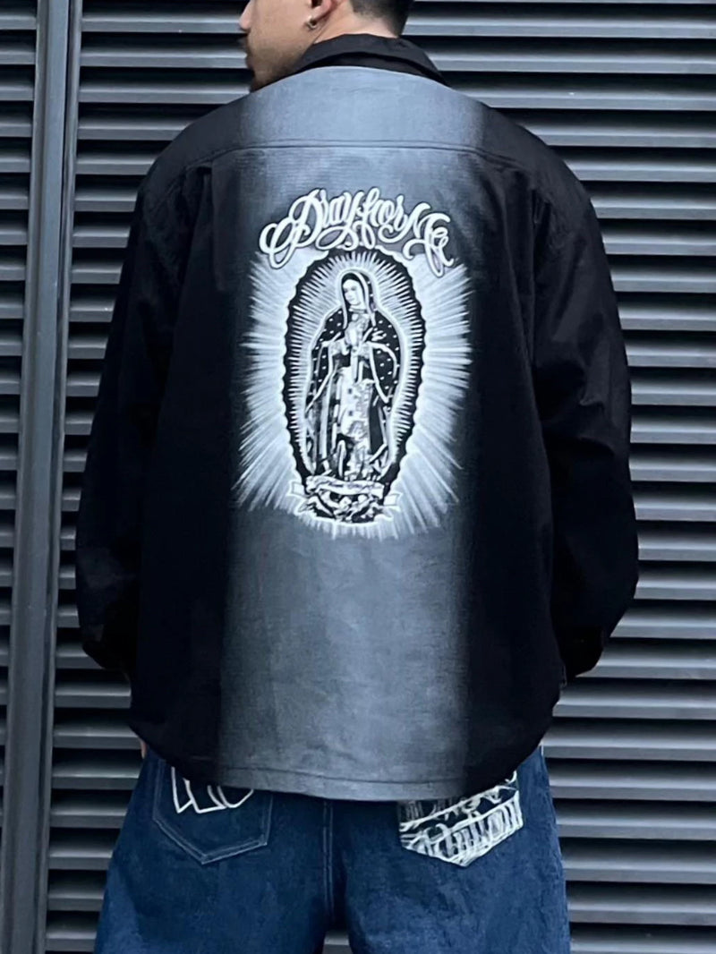 Hip Hop Streetwear Shirts Harajuku Retro Printed New Casual Long Sleeve Single Breasted Shirts for Men Loose Tops Cargo Shirt