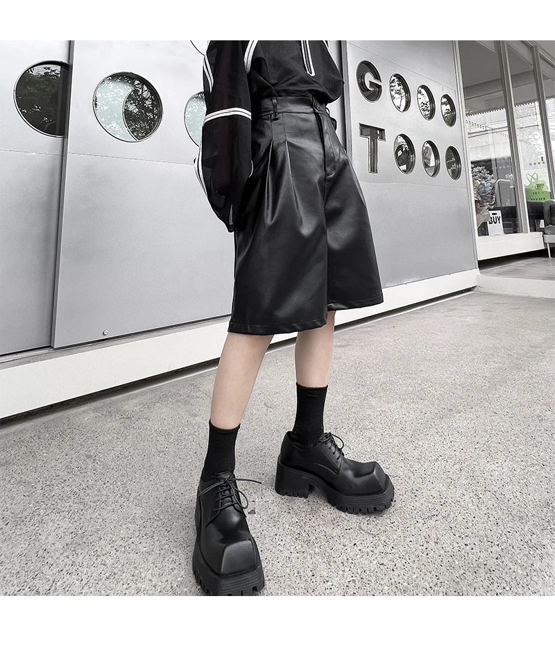 men japanses korean streetwear fashion hip hop loose casual dark black wide leg leather shorts male short pant unique shorts style 926