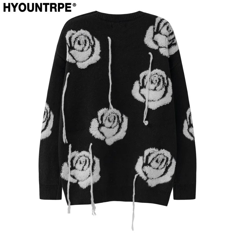 fashion floral pattern knitted sweater men new casual o neck pollover unisex harajuku y2k streetwear loose knit sweaters jumpers - trendy hip hop fashion hoodie, high quality cotton hoodie, Y2K grunge street style