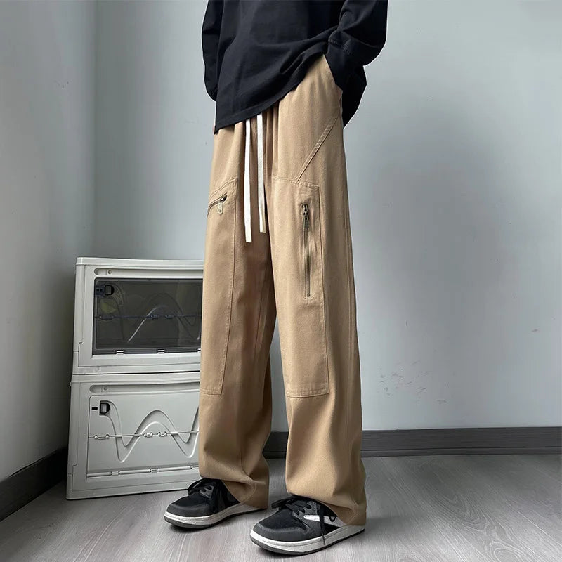 new korean fashion cargo straight pants for men autumn casual zipper pocket drawstring trousers classic tactical y2k pantalones utility cargo pants