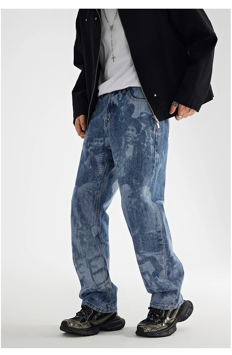 designer human printed denim jeans mens new casual zipper straight hip hop jeans streetwear baggy pants joggers graphic jeans unique joggers style 674