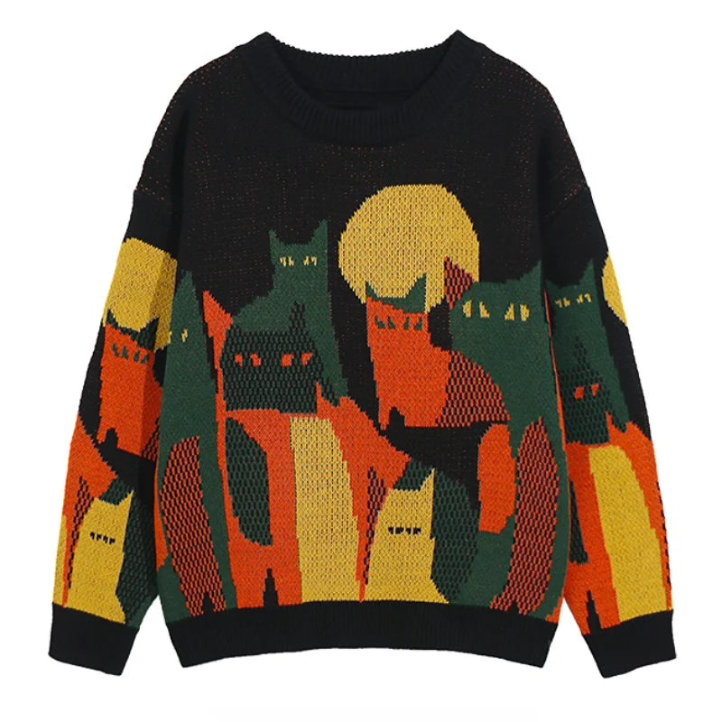 mens streetwear sweater retro vintage cats pattern hip hop knitted sweater pullover 2023 casual cotton sweater unisex clothes - vintage look oversized hoodie, anime inspired graphic hoodie, trendy hip hop fashion hoodie
