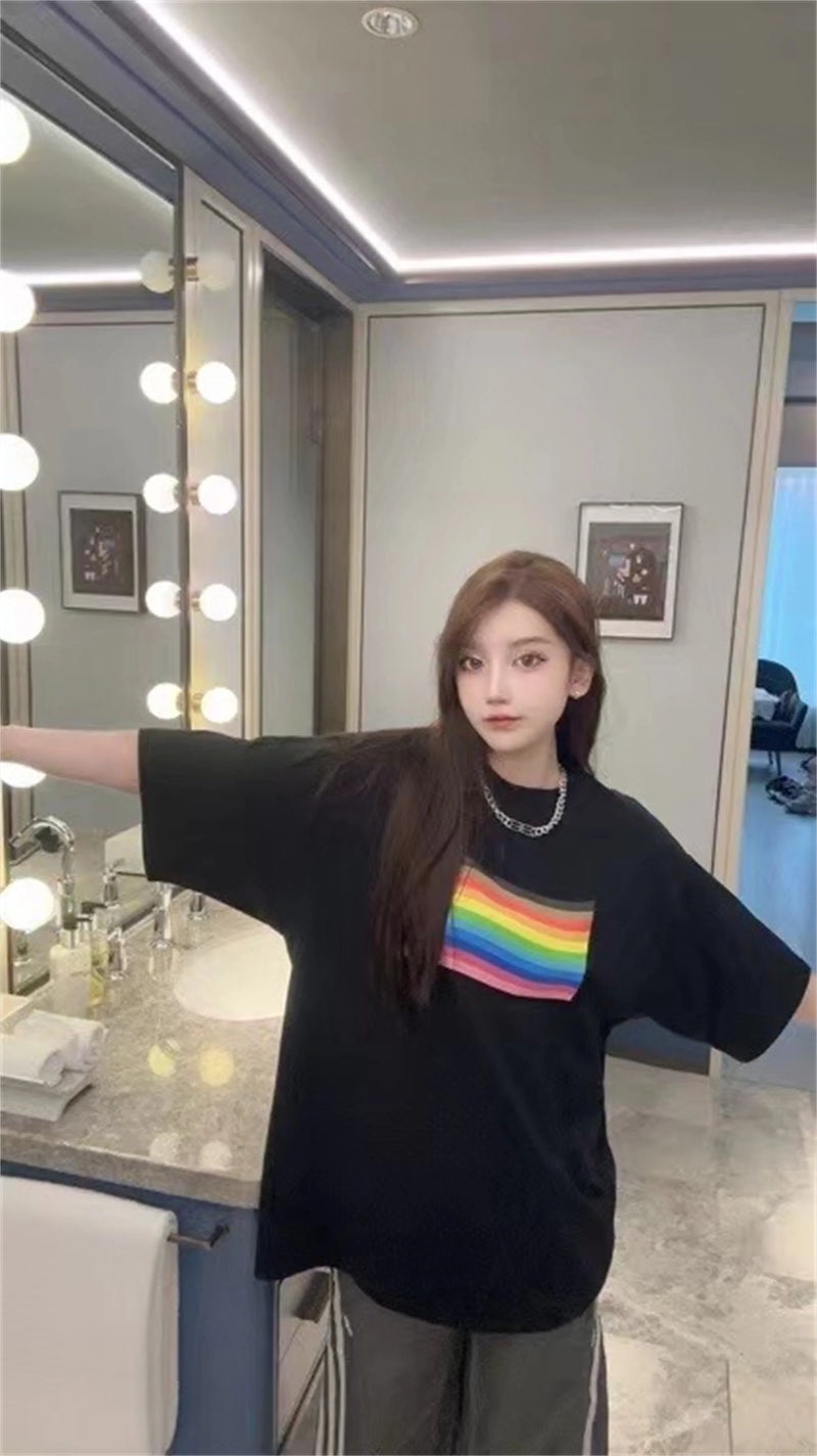 skatercore vintage t-shirt featuring 24ss balcg style rainbow flag logo printed reverse sewn pure cotton oversized loose short sleeved t shirt tops for summer