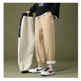 mens high street loose fit elastic waist pants winter warm fleece pants hip hop solid drawstring sportwear sweatpants joggers unique joggers style 1663