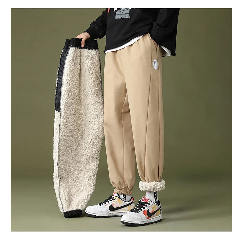 mens high street loose fit elastic waist pants winter warm fleece pants hip hop solid drawstring sportwear sweatpants joggers unique joggers style 1663