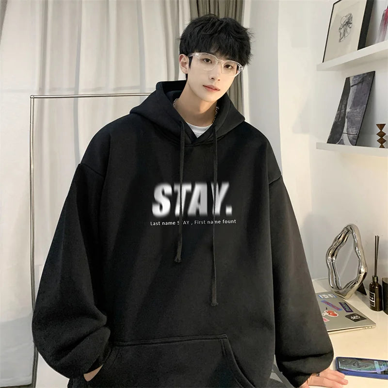 New In Letter Stay Print Sweatshirts Men Casual Vintage Fleece Pullover