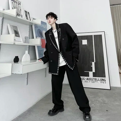 men streetwear fashion loose casual rivet hip hop party dress 2 piece suits blazers jacket pant sets stage clothing costume unique default style 1556
