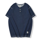Glitchcore Melting smiley – Denim Blue Knitted Henry Collor T Shirt Men Vintage Topstitc