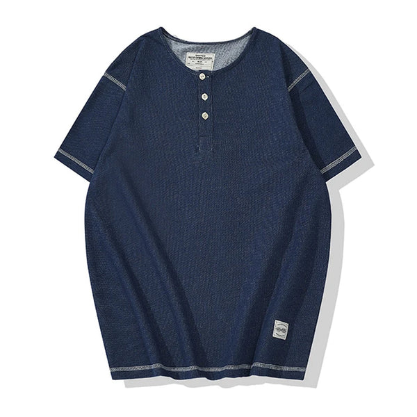 Glitchcore Melting smiley – Denim Blue Knitted Henry Collor T Shirt Men Vintage Topstitc