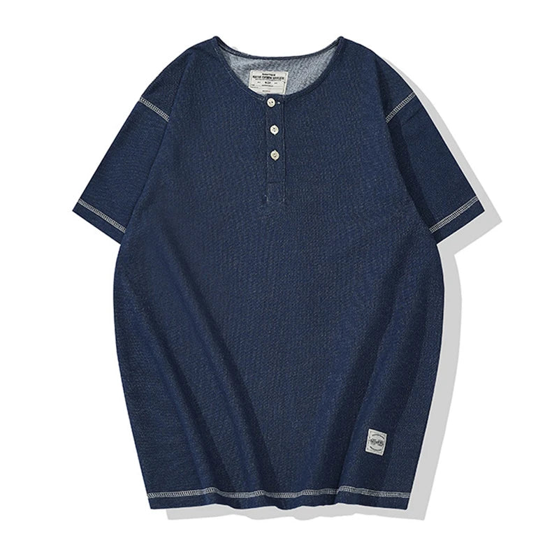 Glitchcore Melting smiley – Denim Blue Knitted Henry Collor T Shirt Men Vintage Topstitc