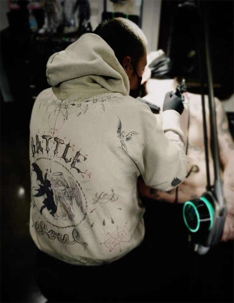 Vintage High Quality Hand Painted Graffiti Printed Washed Fleece Hoodi