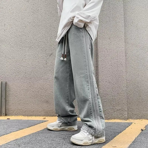 men jeans straight leg jeans boys american fashion wash old side stripes wide leg pants autumn vintage overalls ripped baggy denim